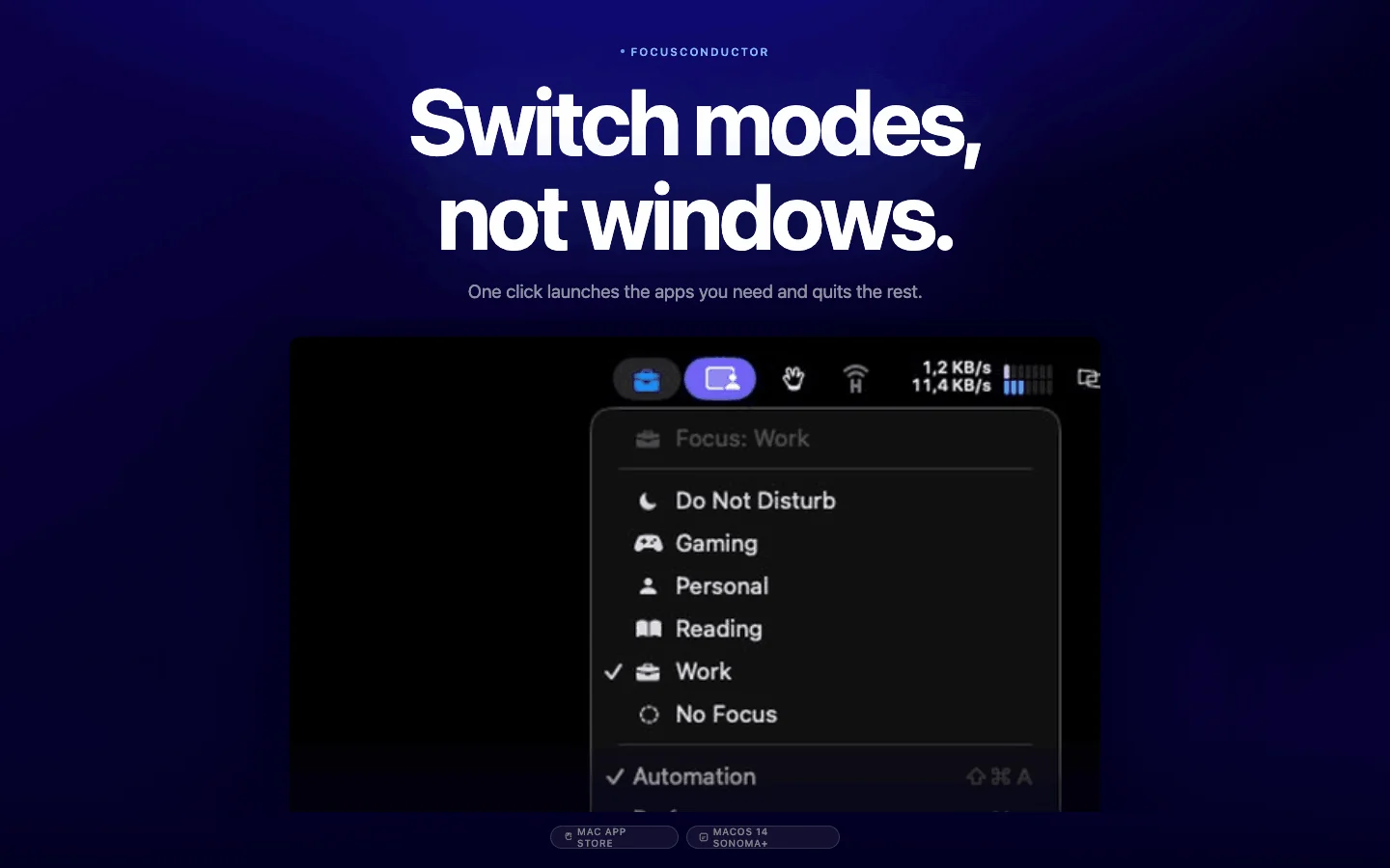 Switch modes, not windows — menu bar popover with Do Not Disturb, Gaming, Personal, Reading, Work