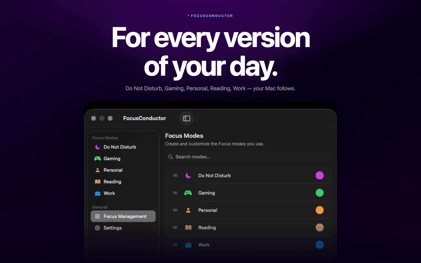 For every version of your day — Focus Modes list with Do Not Disturb, Gaming, Personal, Reading, Work