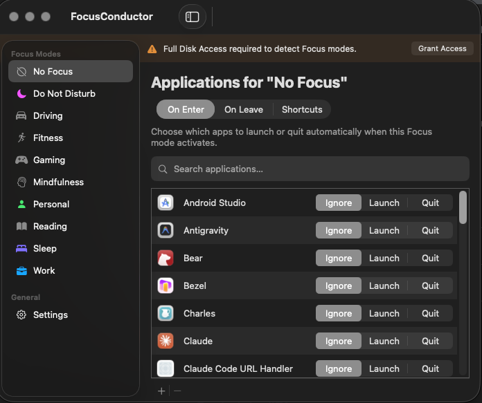 FocusConductor configuring which apps launch or quit for a Focus mode